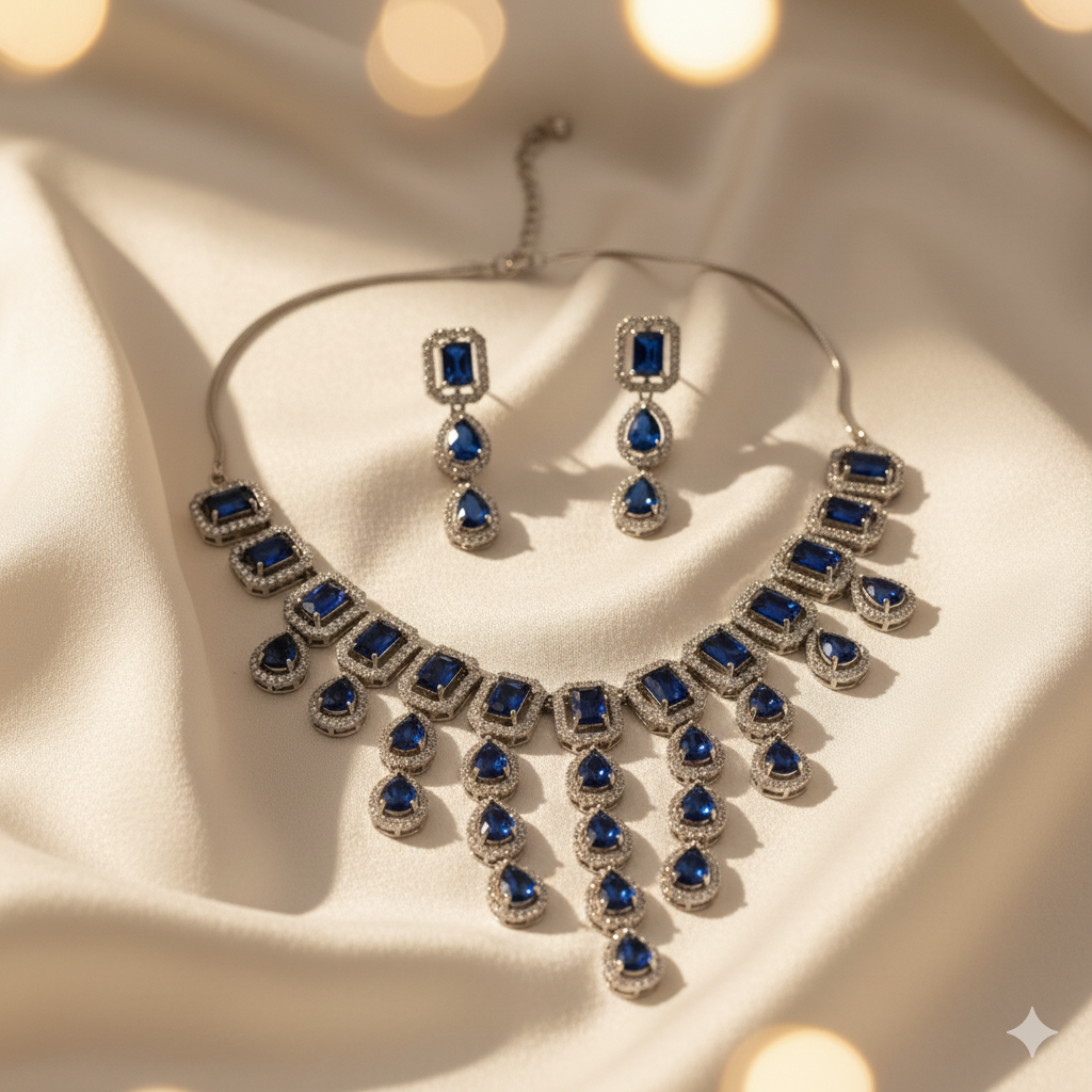 Luxury Look AD Choker Set with Blue Emerald Cut & Teardrop Stones