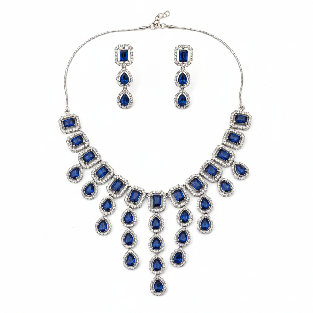 Luxury Look AD Choker Set with Blue Emerald Cut & Teardrop Stones