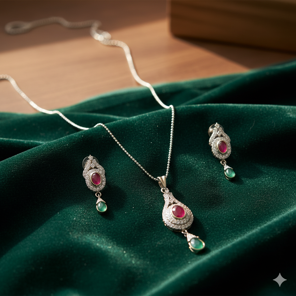 Classic CZ Diamond Pendant & Earring Set with Colored Stone Drops