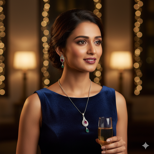Classic CZ Diamond Pendant & Earring Set with Colored Stone Drops