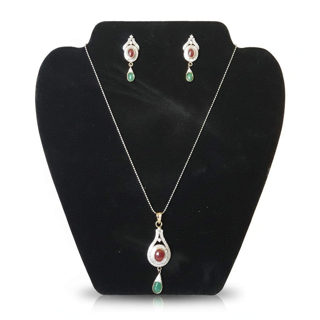 Classic CZ Diamond Pendant & Earring Set with Colored Stone Drops
