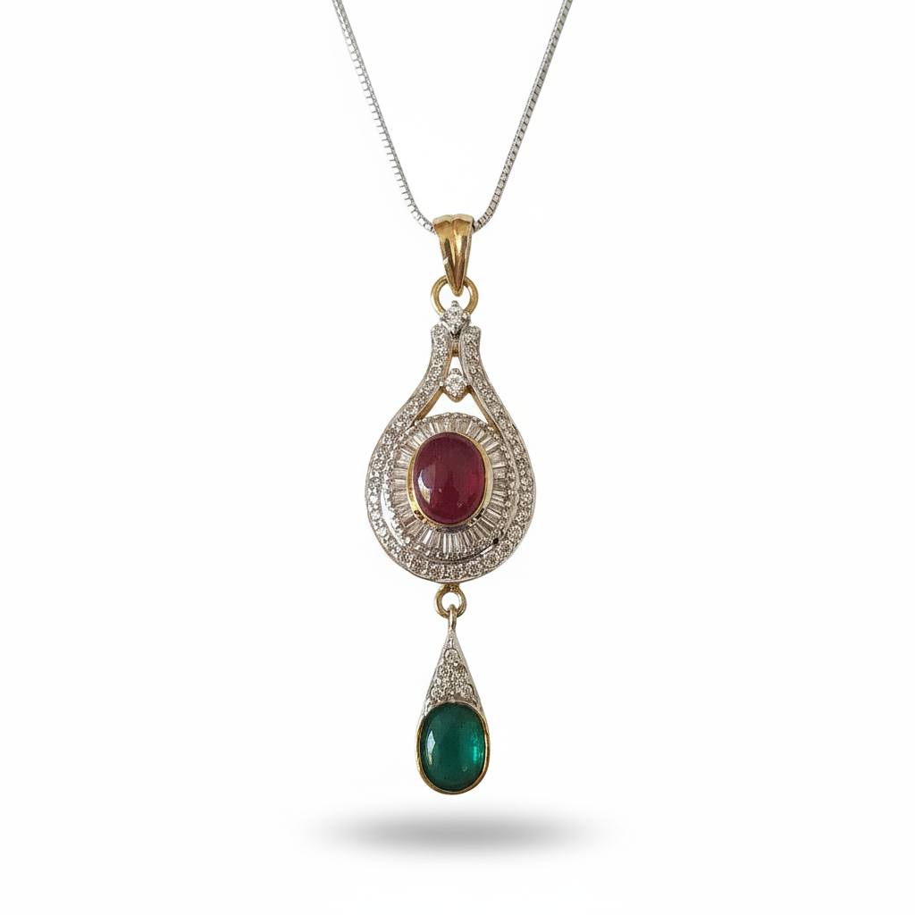 Classic CZ Diamond Pendant & Earring Set with Colored Stone Drops