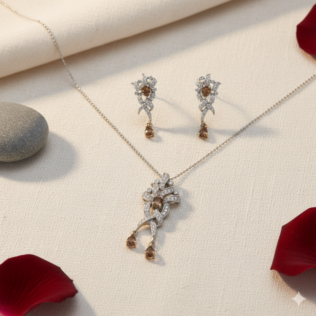 Silver-Tone American Diamond Necklace & Drop Earring Set