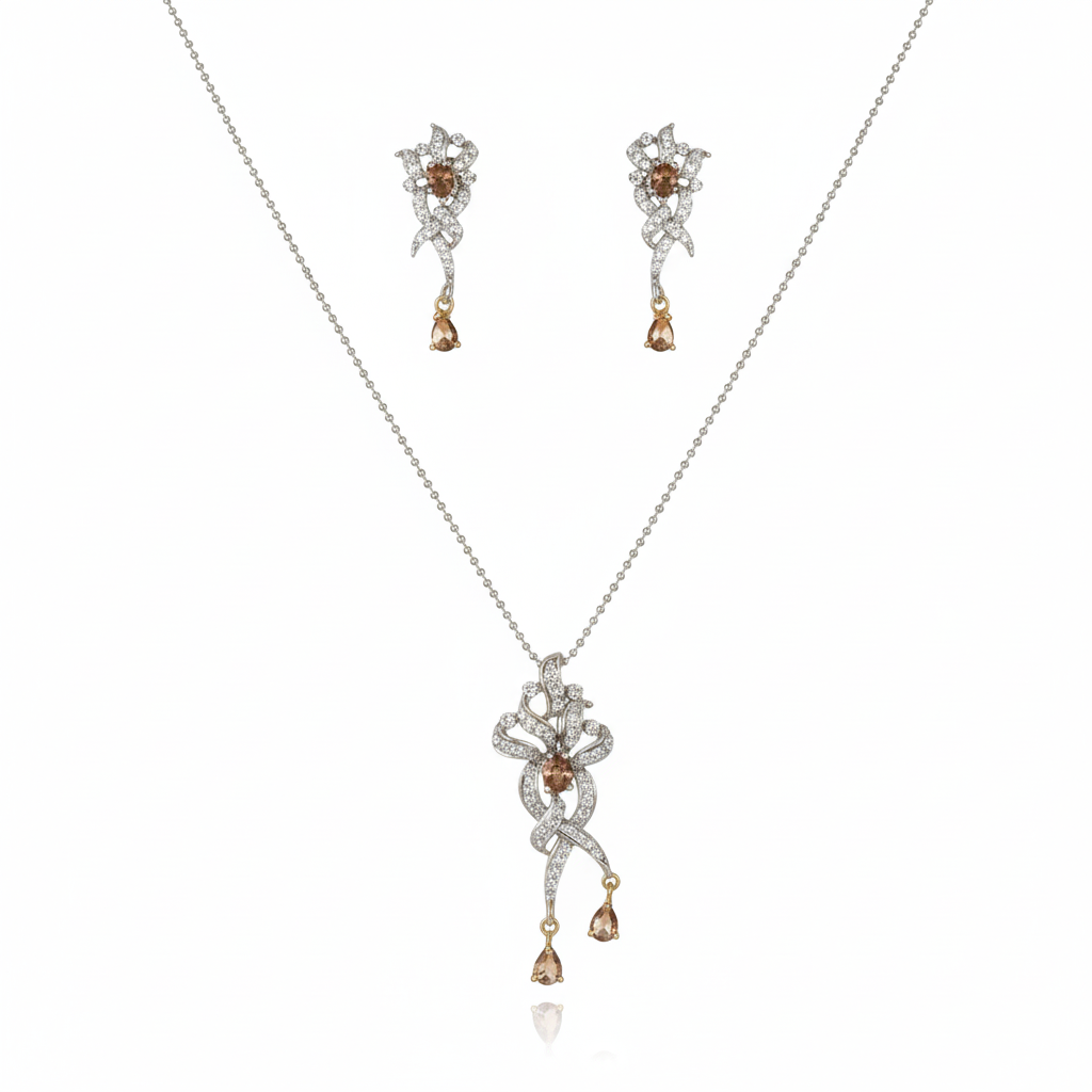 Silver-Tone American Diamond Necklace & Drop Earring Set