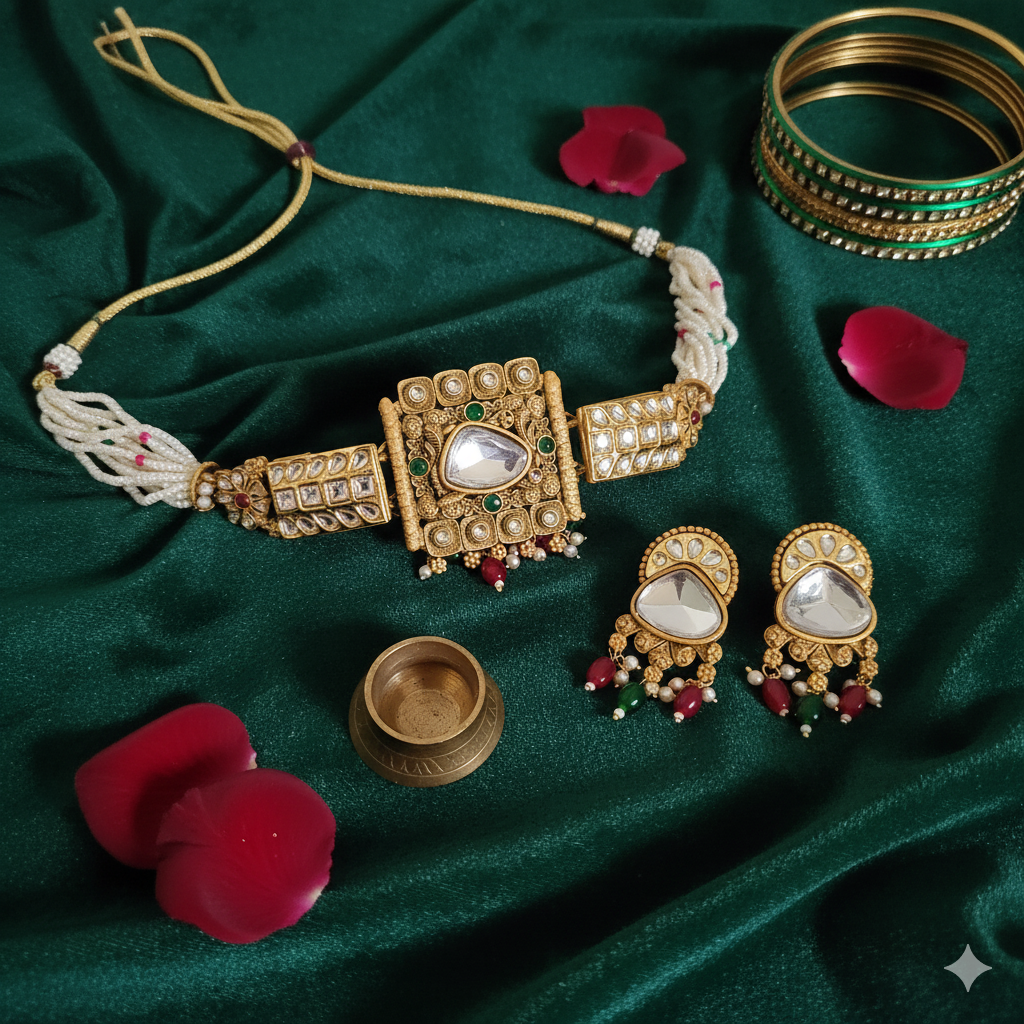 Heritage Matte Gold & Kundan Choker Necklace Set with Pearl Dori