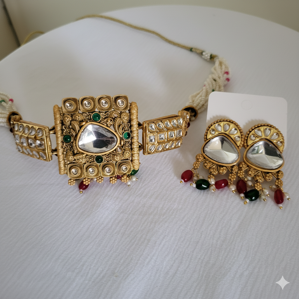 Heritage Matte Gold & Kundan Choker Necklace Set with Pearl Dori