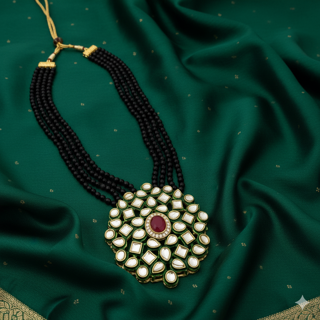 Bold Black Beaded Mala & Multi-Stone Kundan Pendant Set