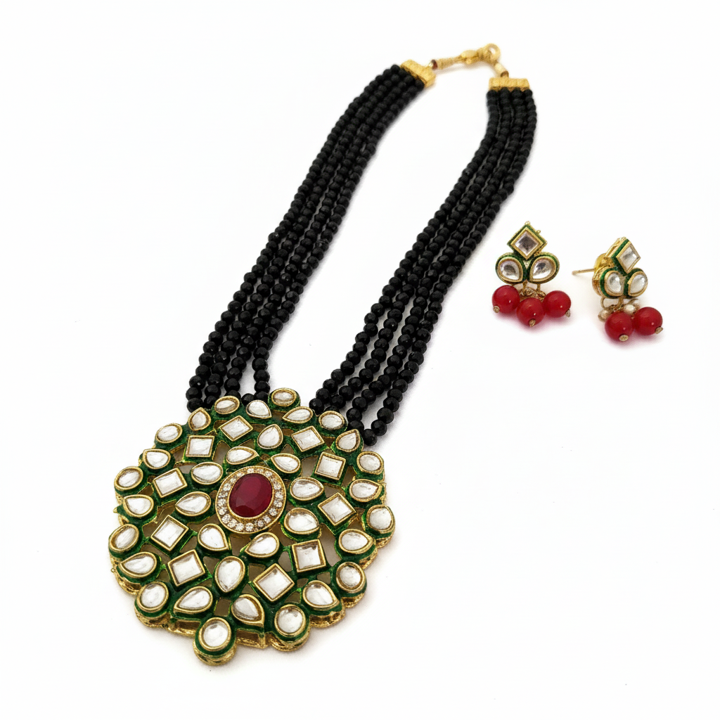 Bold Black Beaded Mala & Multi-Stone Kundan Pendant Set