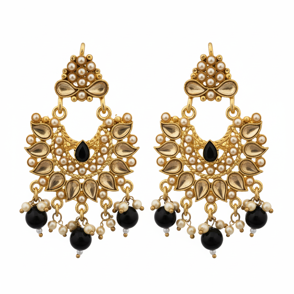 Black Onyx & Gold Plated Kundan Statement Choker Set with Chandbali Earrings