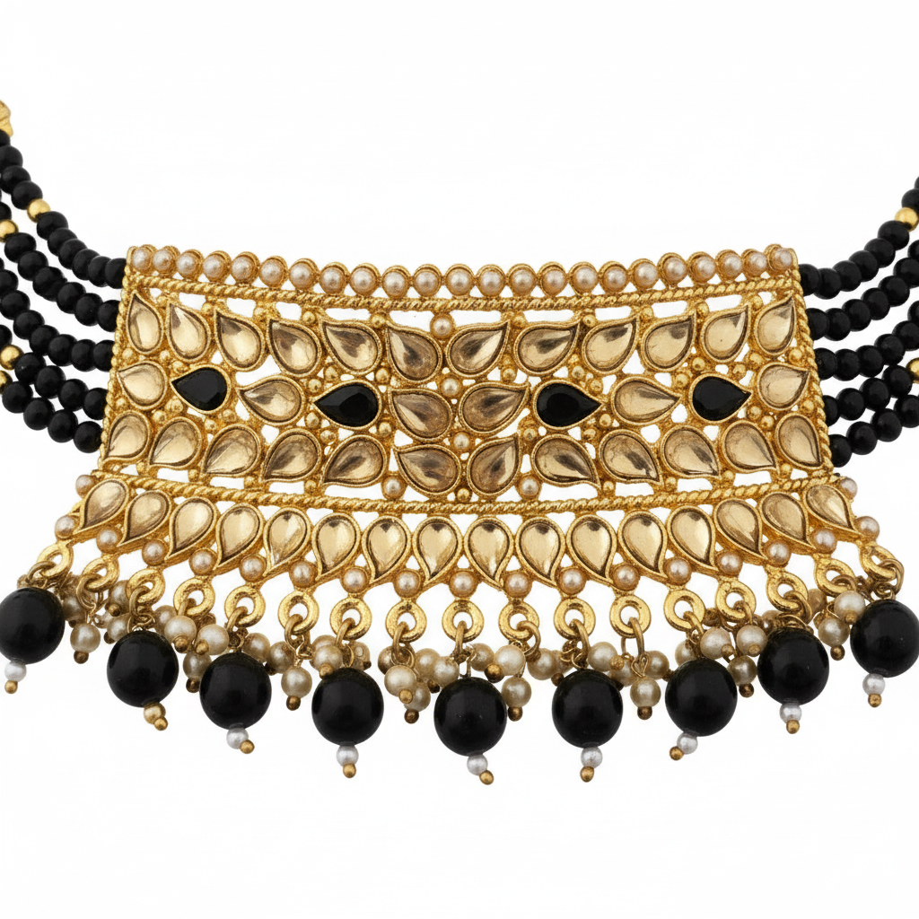 Black Onyx & Gold Plated Kundan Statement Choker Set with Chandbali Earrings