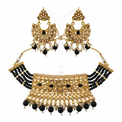 Black Onyx & Gold Plated Kundan Statement Choker Set with Chandbali Earrings