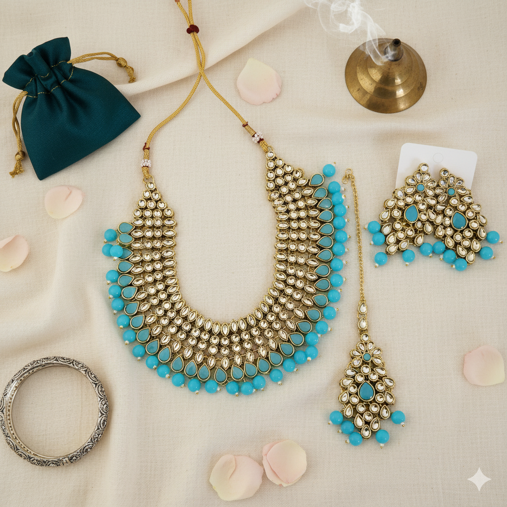 Regal Turquoise Blue Kundan Necklace Set with Earrings and Maang Tikka