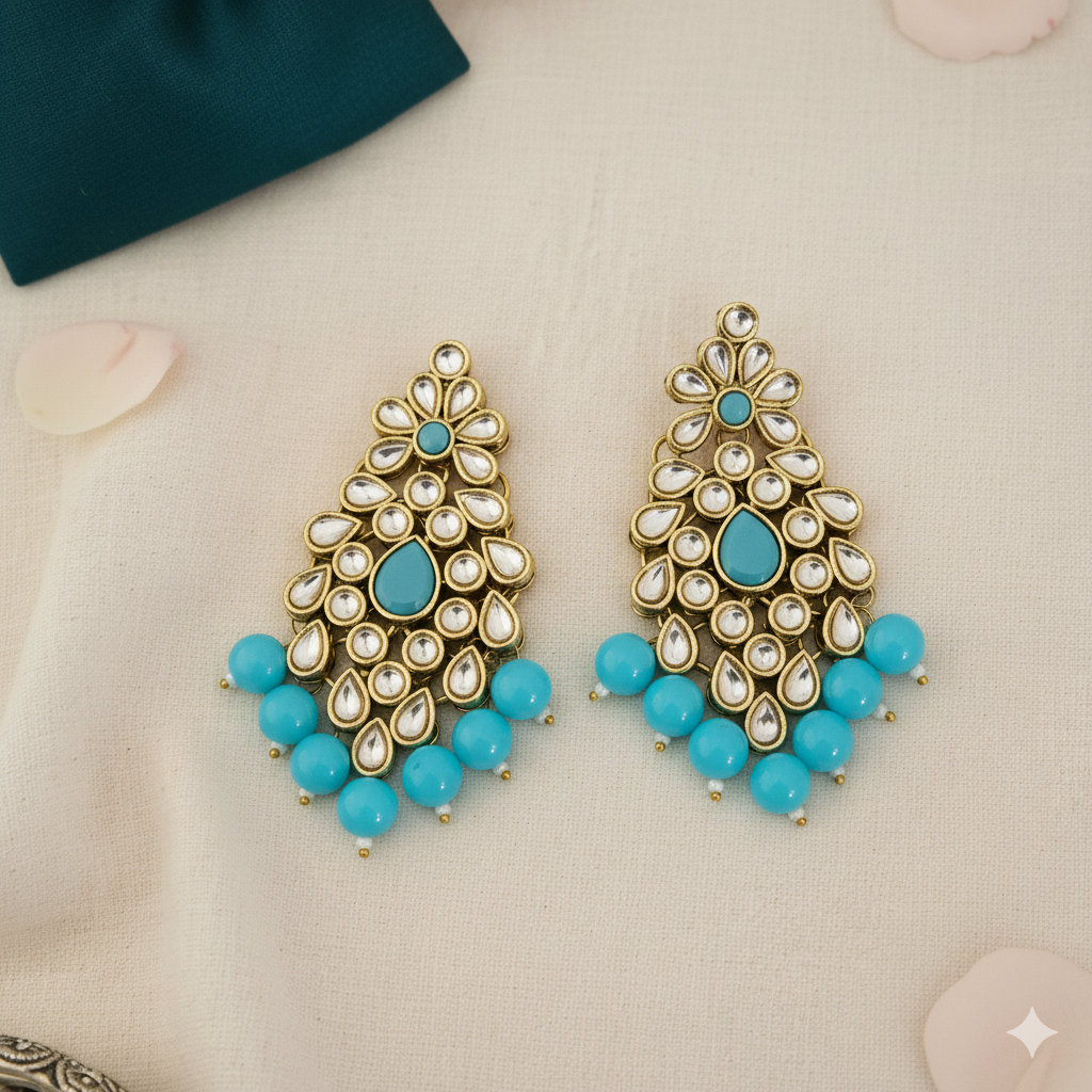 Regal Turquoise Blue Kundan Necklace Set with Earrings and Maang Tikka