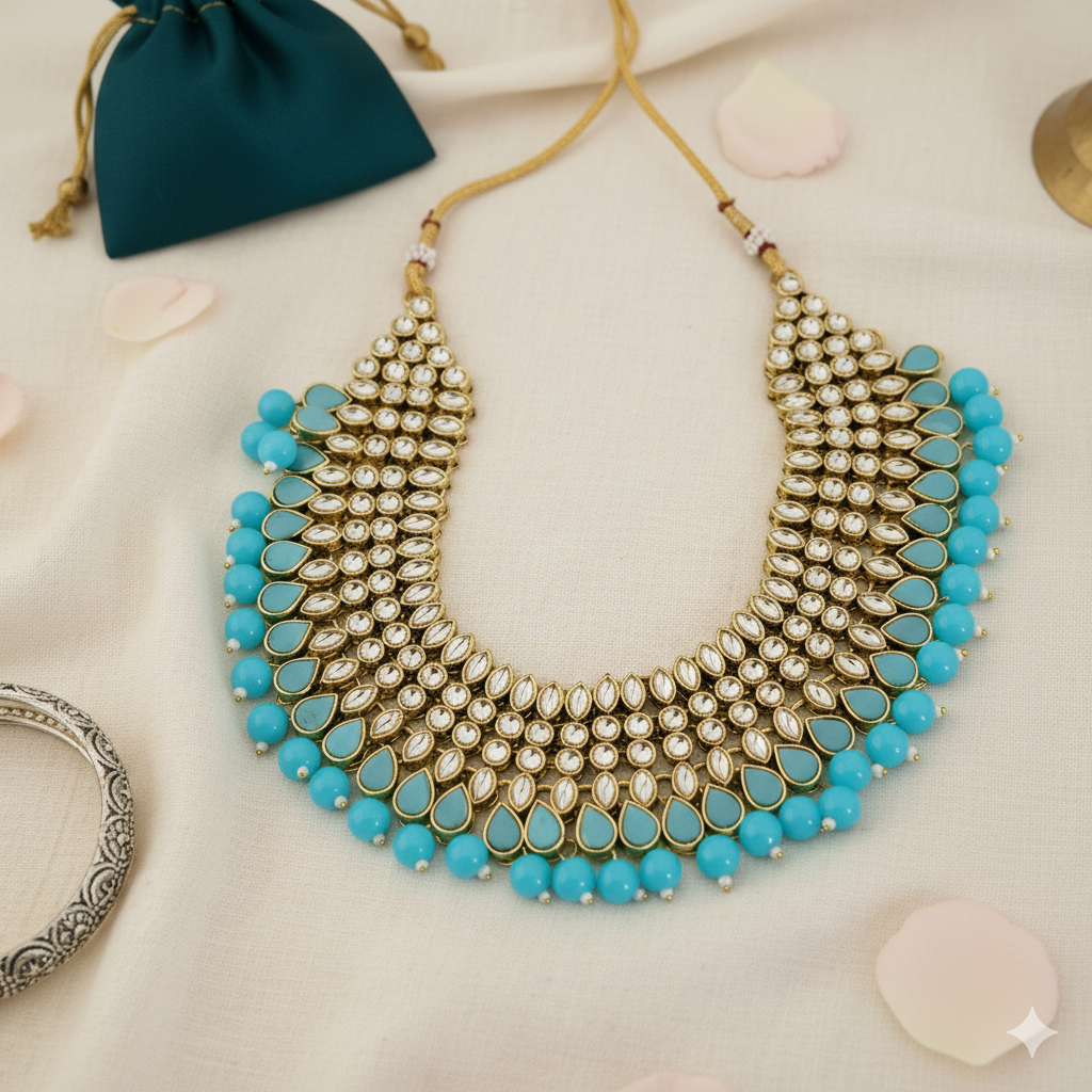 Regal Turquoise Blue Kundan Necklace Set with Earrings and Maang Tikka