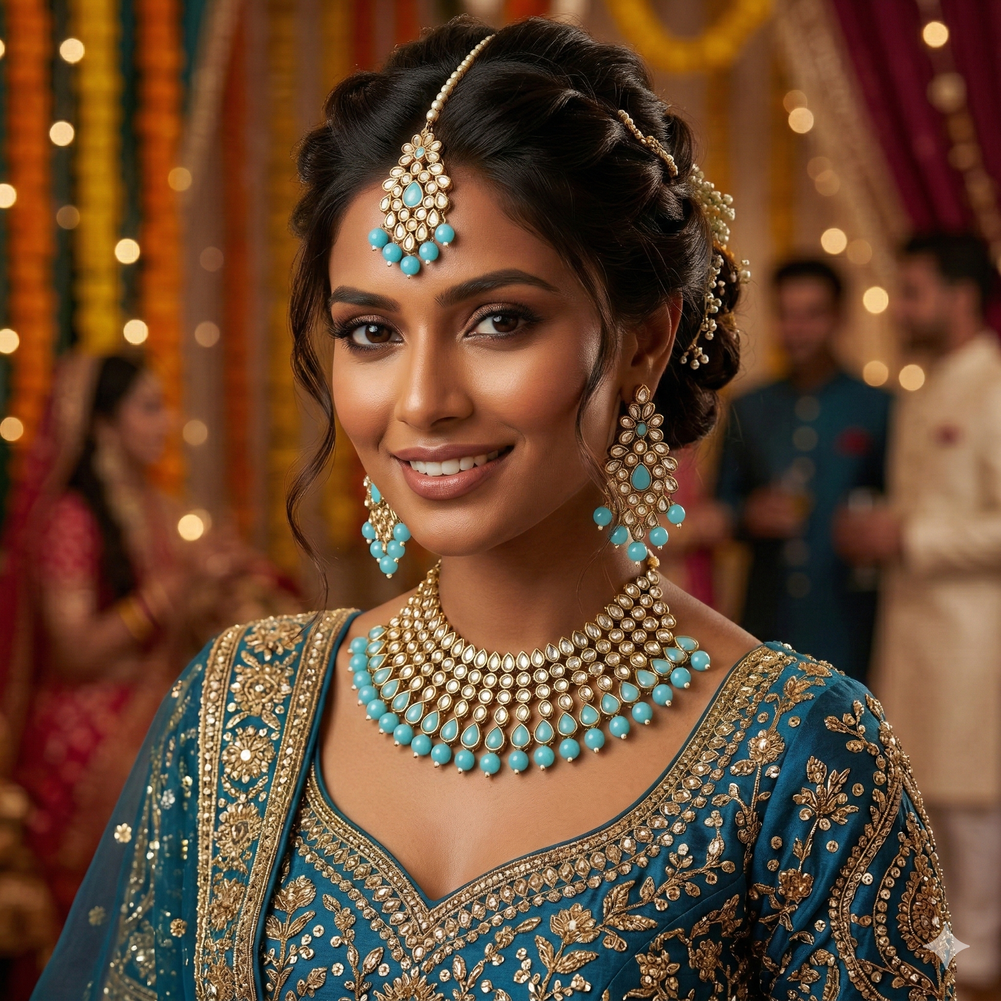 Regal Turquoise Blue Kundan Necklace Set with Earrings and Maang Tikka