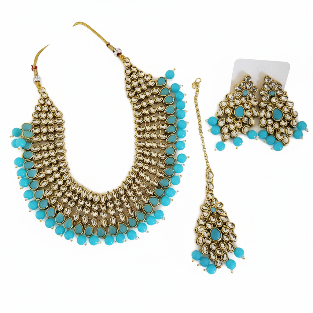 Regal Turquoise Blue Kundan Necklace Set with Earrings and Maang Tikka