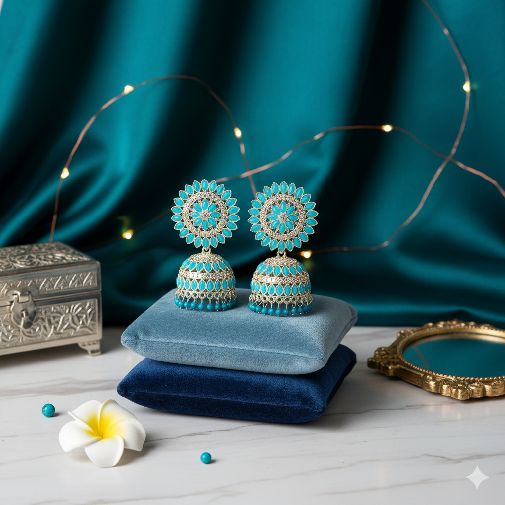 The "Firoza" Turquoise & Mirror-Silver Statement Jhumka