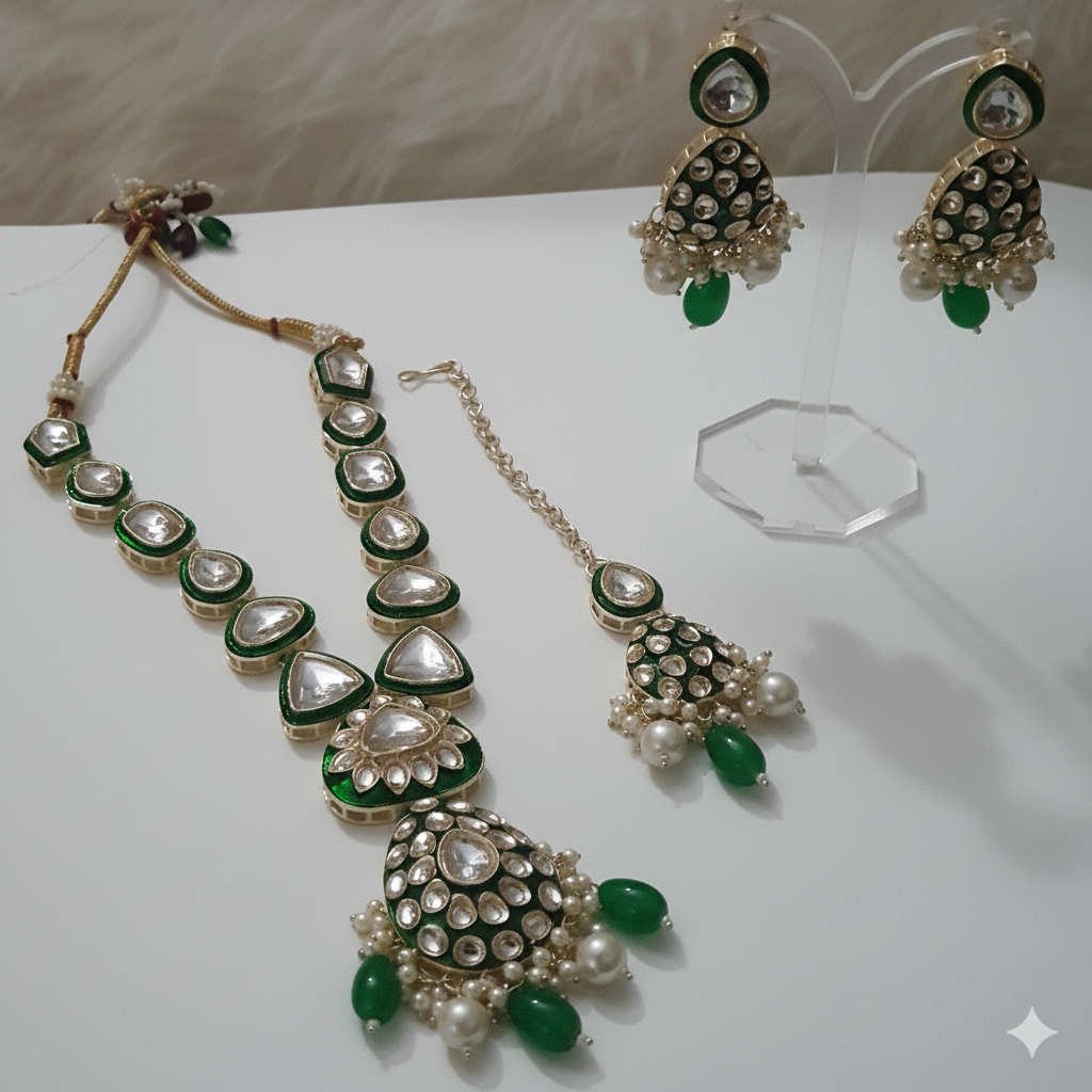Regal Green Kundan & Pearl Necklace Set with Maang Tikka and Jhumka Earrings