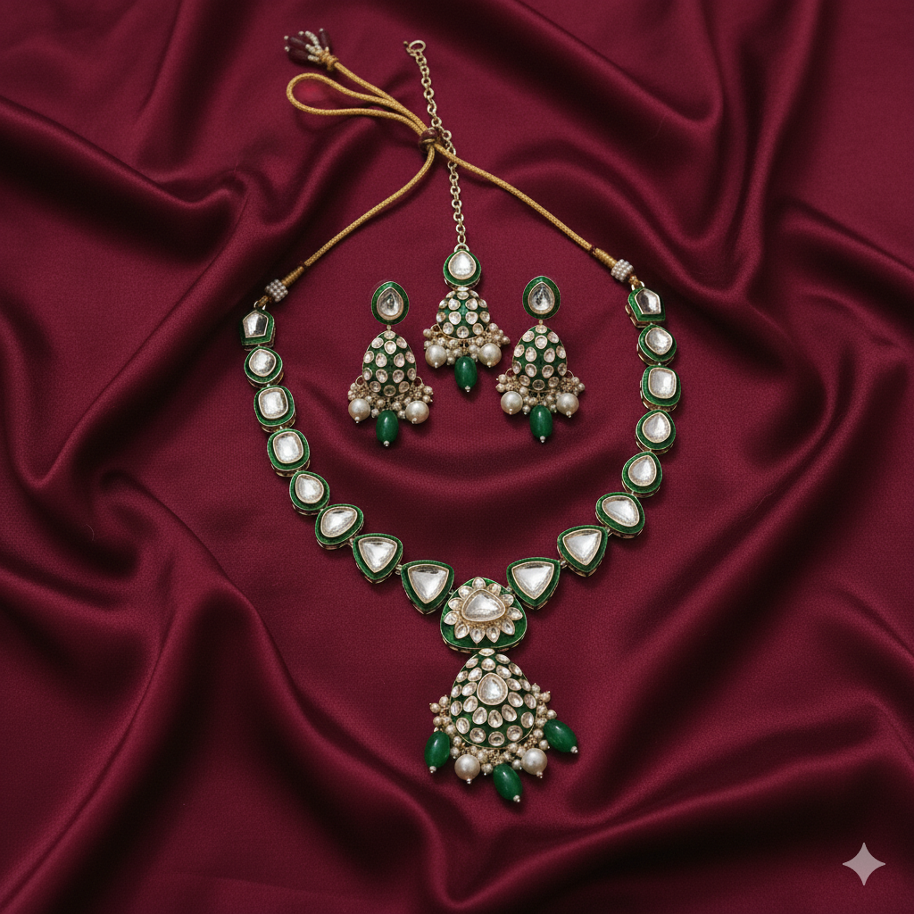Regal Green Kundan & Pearl Necklace Set with Maang Tikka and Jhumka Earrings