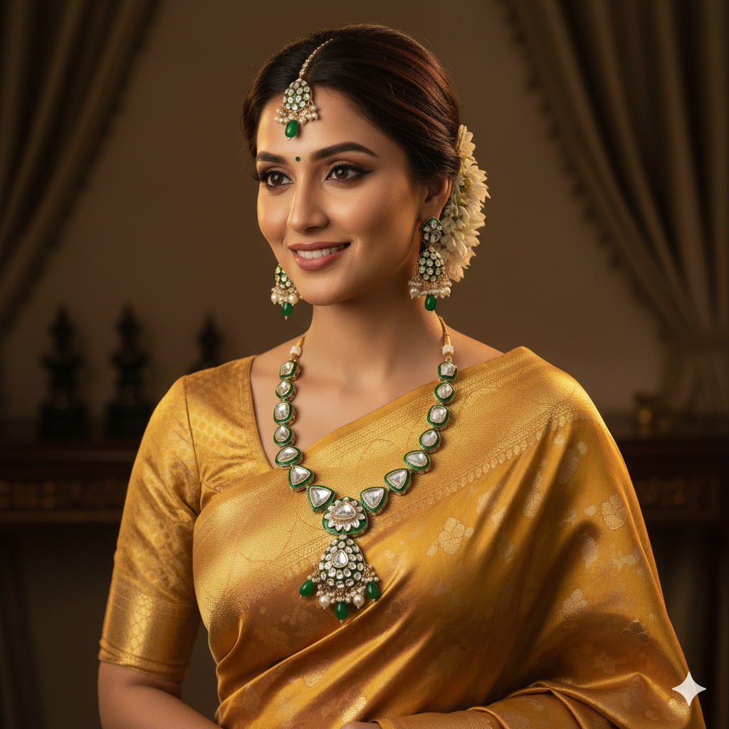 Regal Green Kundan & Pearl Necklace Set with Maang Tikka and Jhumka Earrings