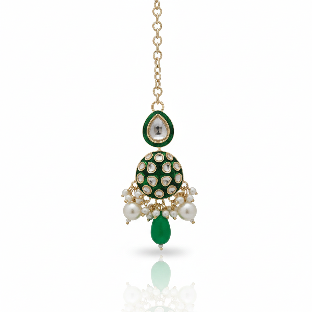 Regal Green Kundan & Pearl Necklace Set with Maang Tikka and Jhumka Earrings
