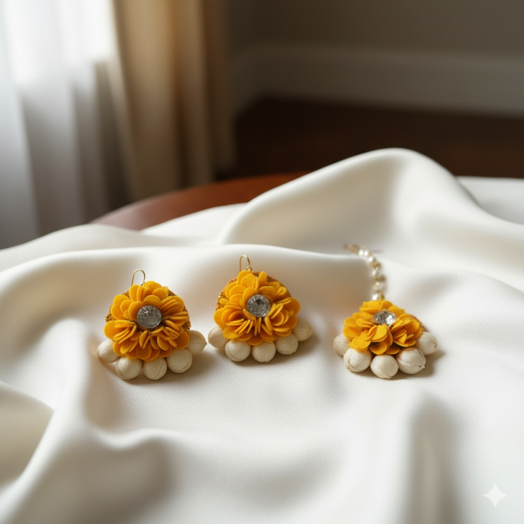 The Haldi Bright Yellow Floral & Pistachio Shell Set