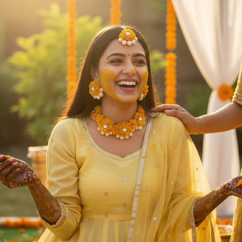 The Haldi Bright Yellow Floral & Pistachio Shell Set