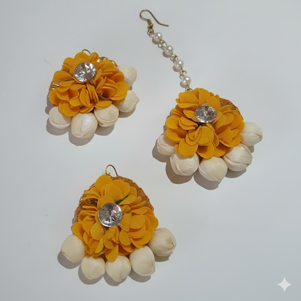 The Haldi Bright Yellow Floral & Pistachio Shell Set