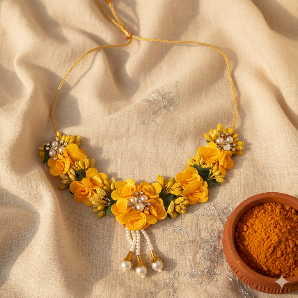 Bridal Haldi Flower Jewelry Set with Pearls