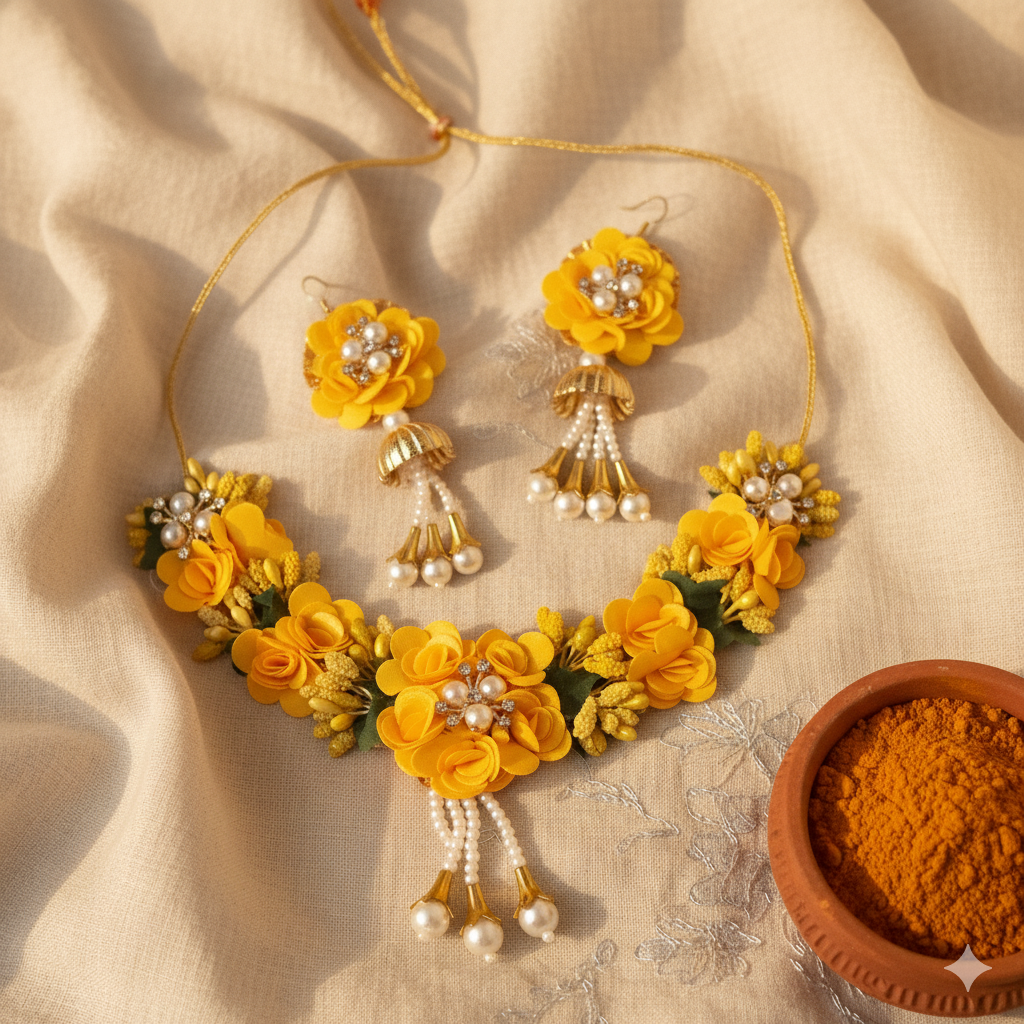 Bridal Haldi Flower Jewelry Set with Pearls