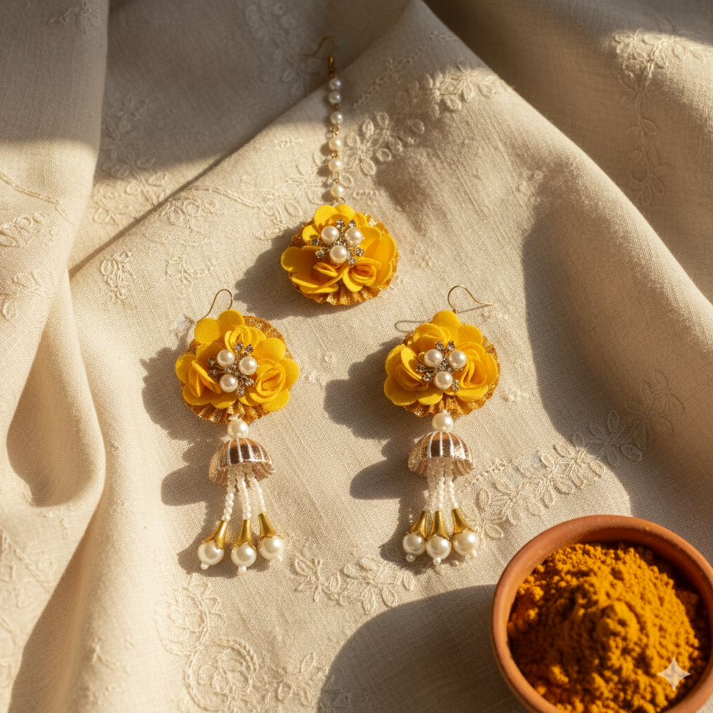 Bridal Haldi Flower Jewelry Set with Pearls