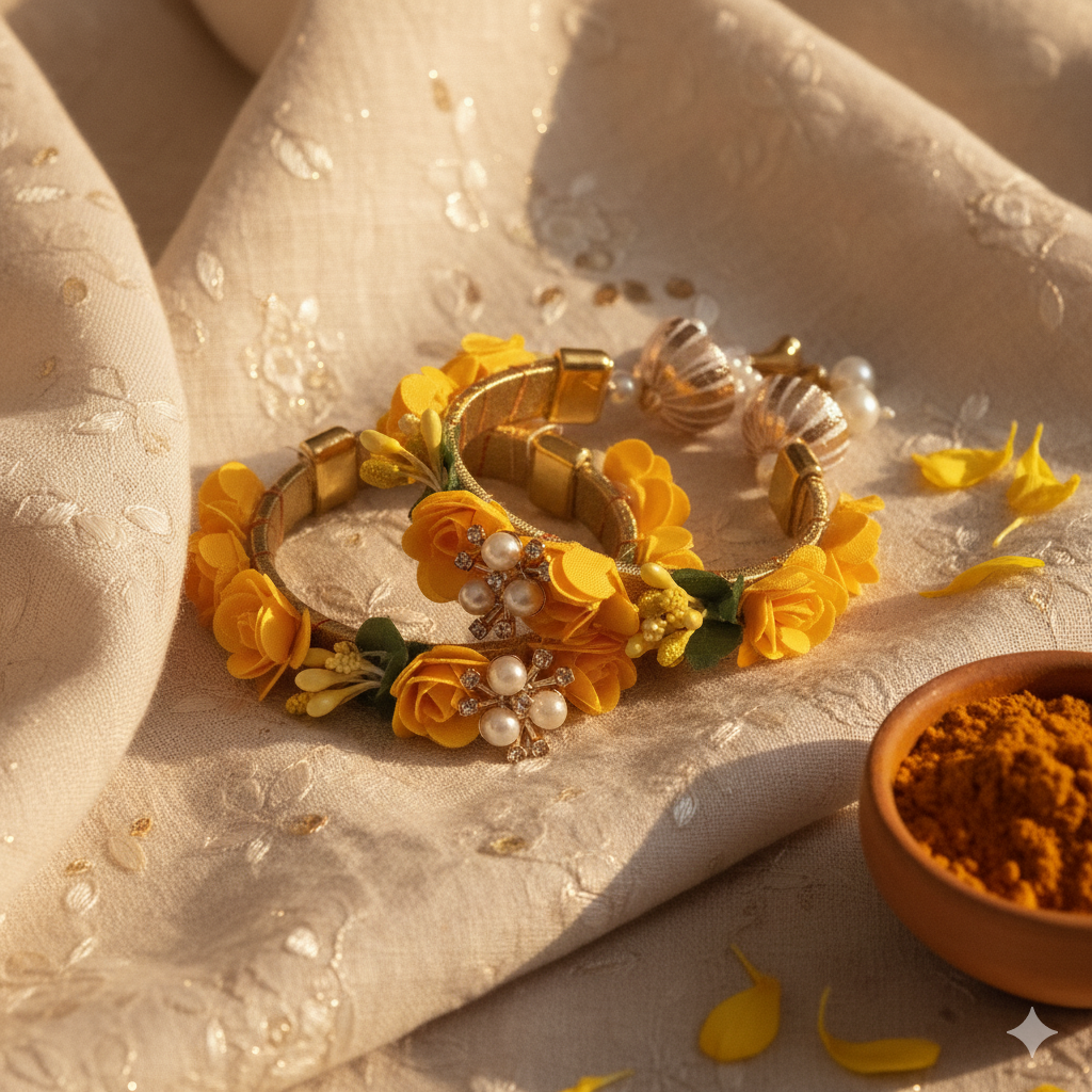 Bridal Haldi Flower Jewelry Set with Pearls