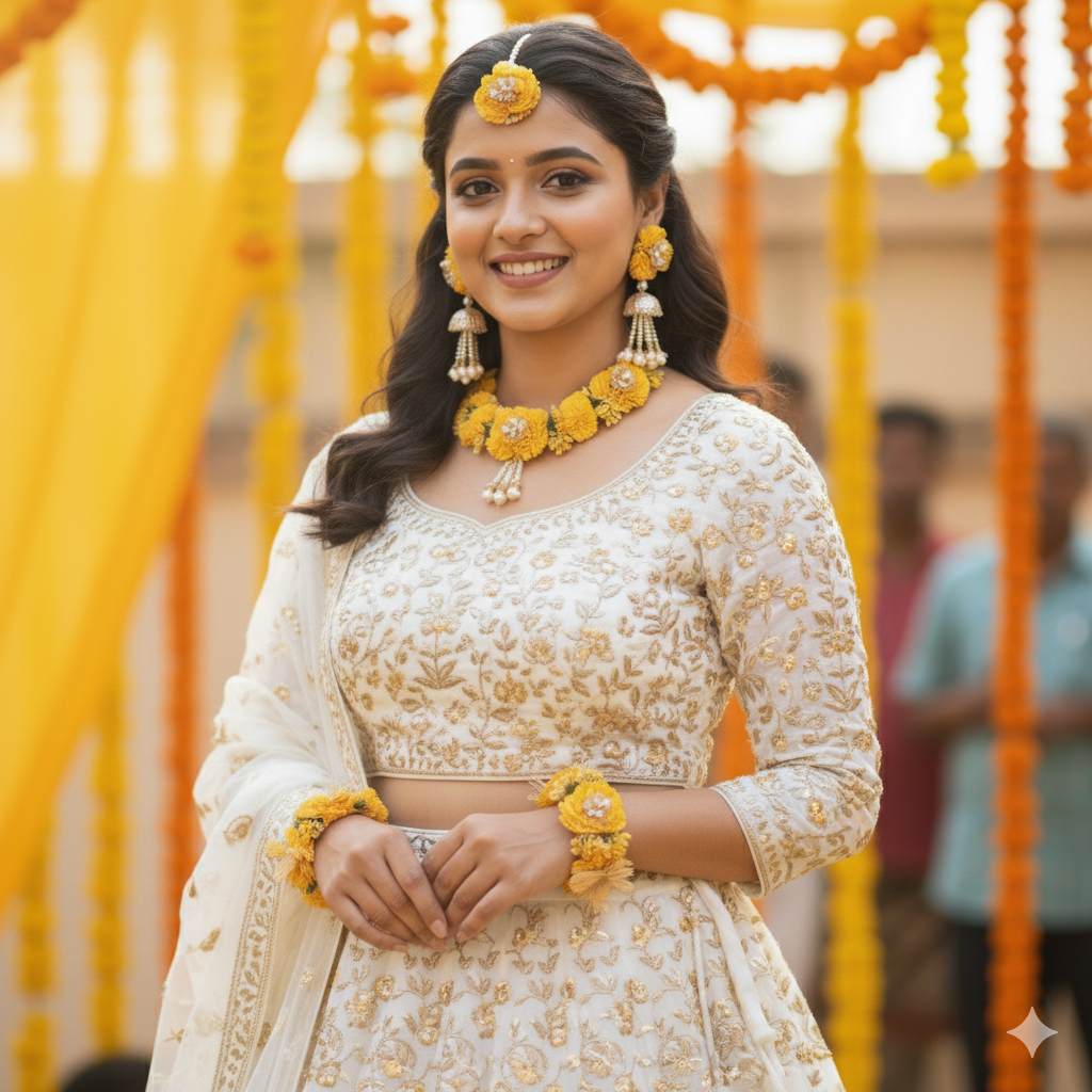 Bridal Haldi Flower Jewelry Set with Pearls
