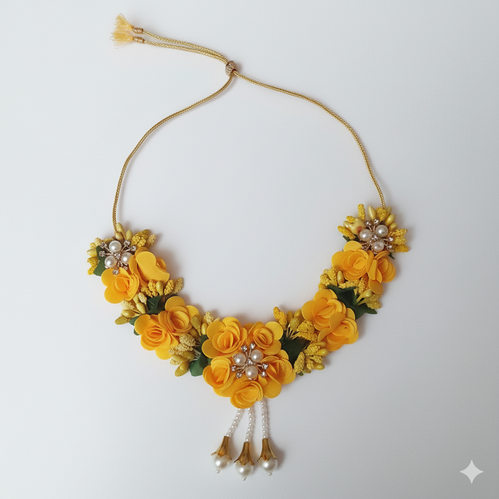 Bridal Haldi Flower Jewelry Set with Pearls