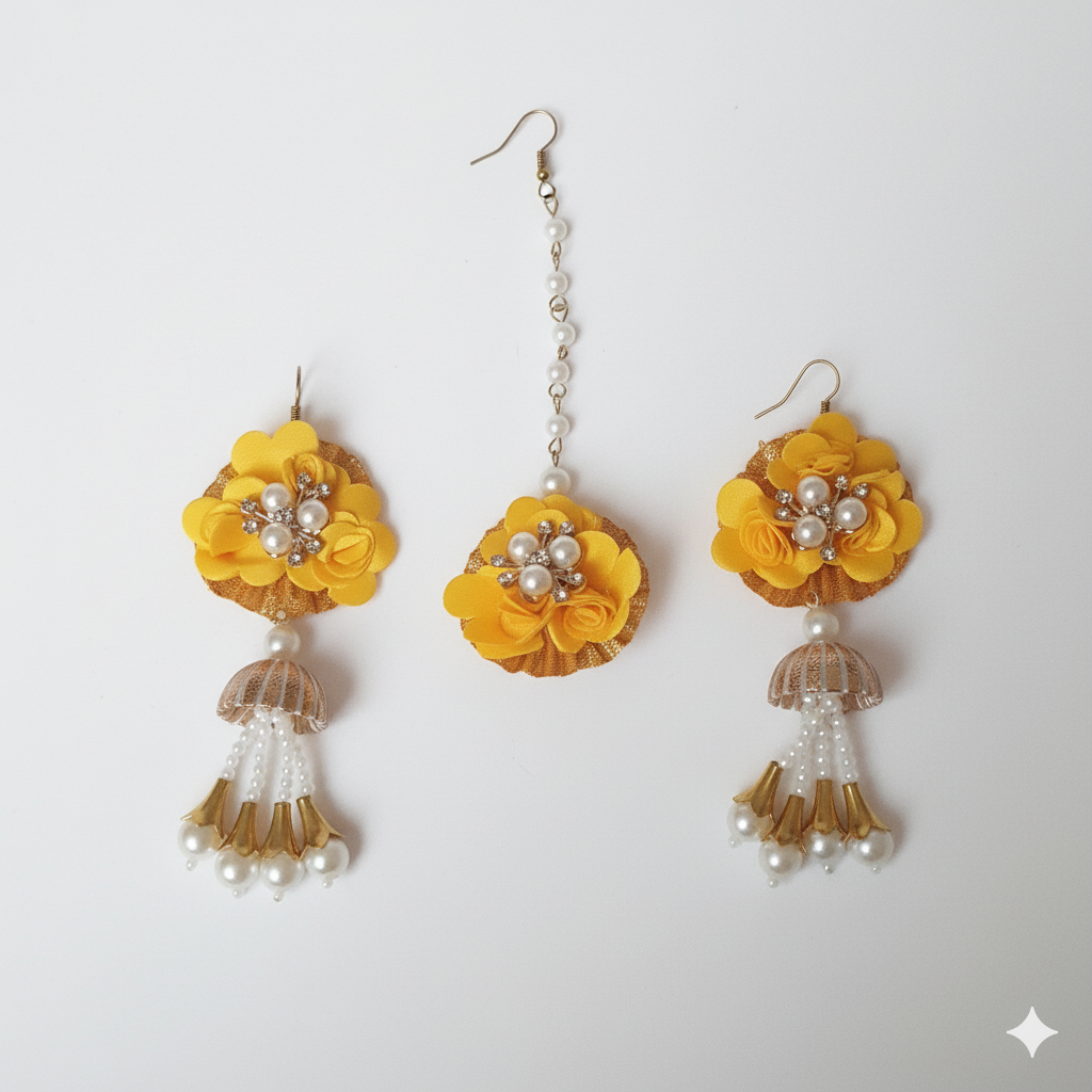 Bridal Haldi Flower Jewelry Set with Pearls