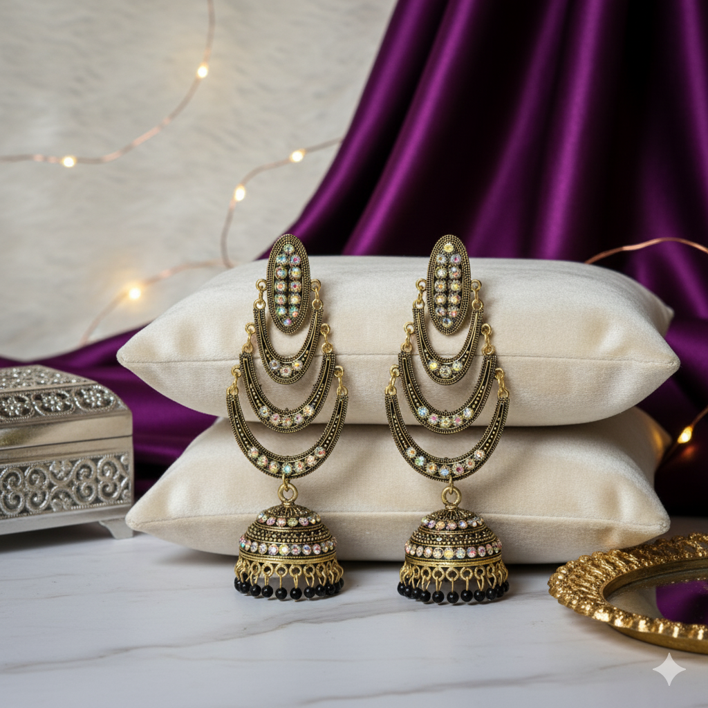 The "Midnight Iris" Antique Gold & Iridescent Jhumka