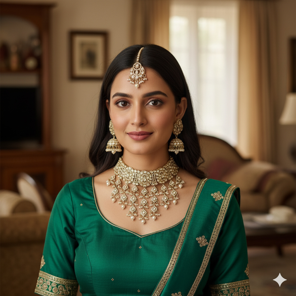 Royal Kundan & Pearl Choker Set with Maang Tikka and Jhumkas