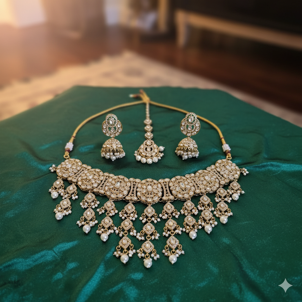 Royal Kundan & Pearl Choker Set with Maang Tikka and Jhumkas