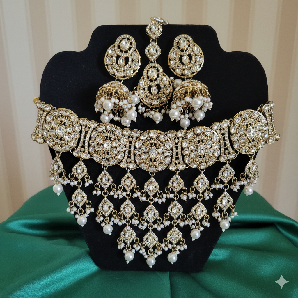 Royal Kundan & Pearl Choker Set with Maang Tikka and Jhumkas