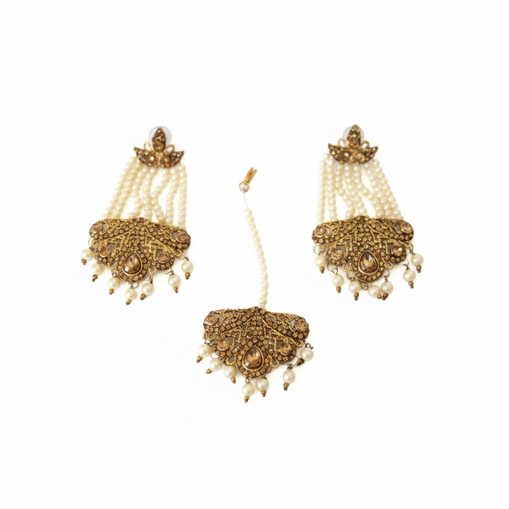 The "Zubeda" Antique Kundan & Multi-Strand Pearl Tikka Set