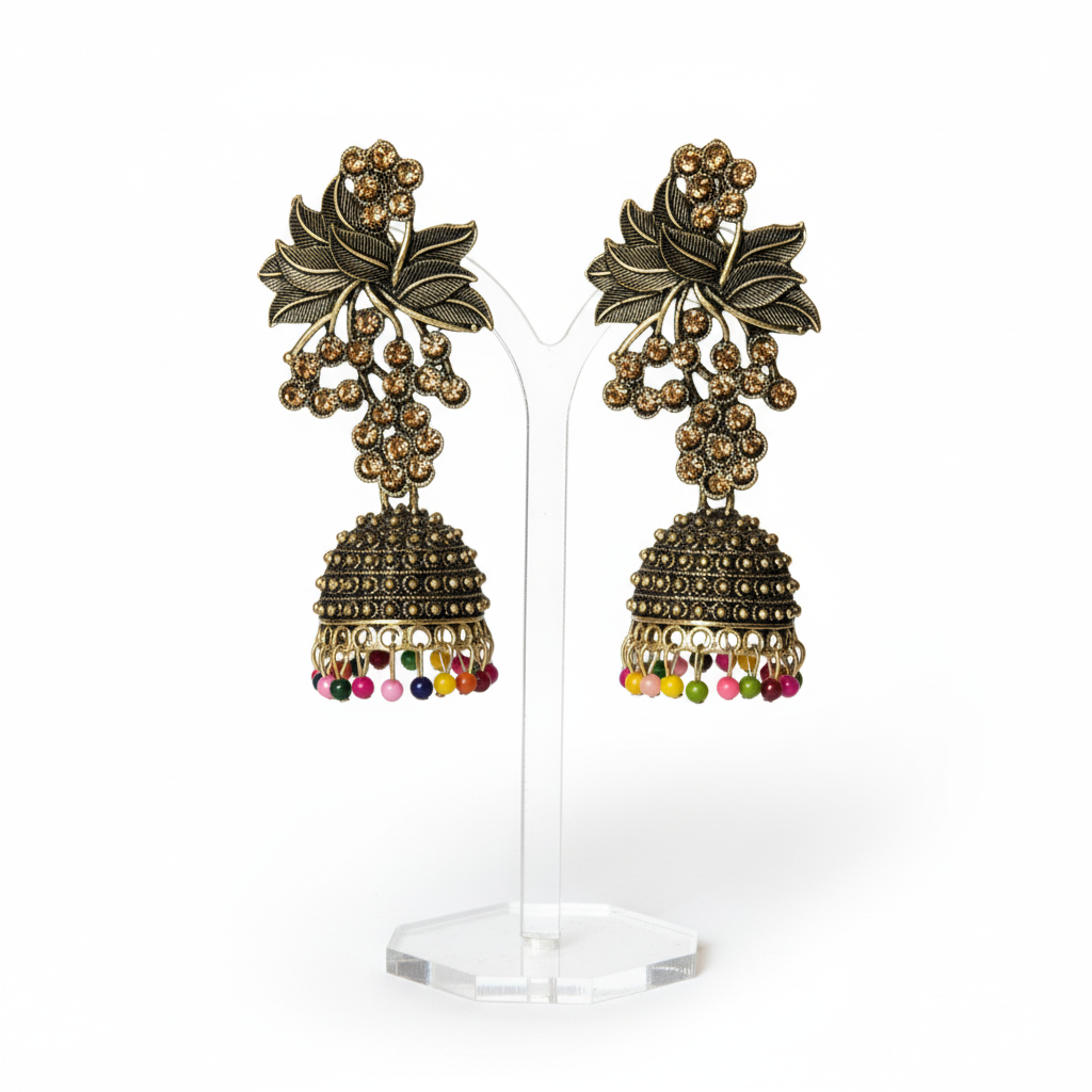 The "Dakshina" Antique Gold & Multicolour Grape Cluster Jhumka
