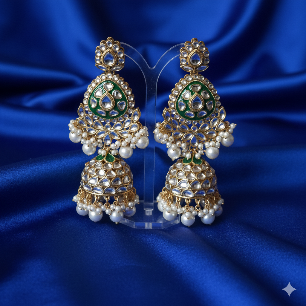 Luxury Kundan Polki Choker Set with Green Meenakari & Pearl Jhumka Earrings and Maang Tikka