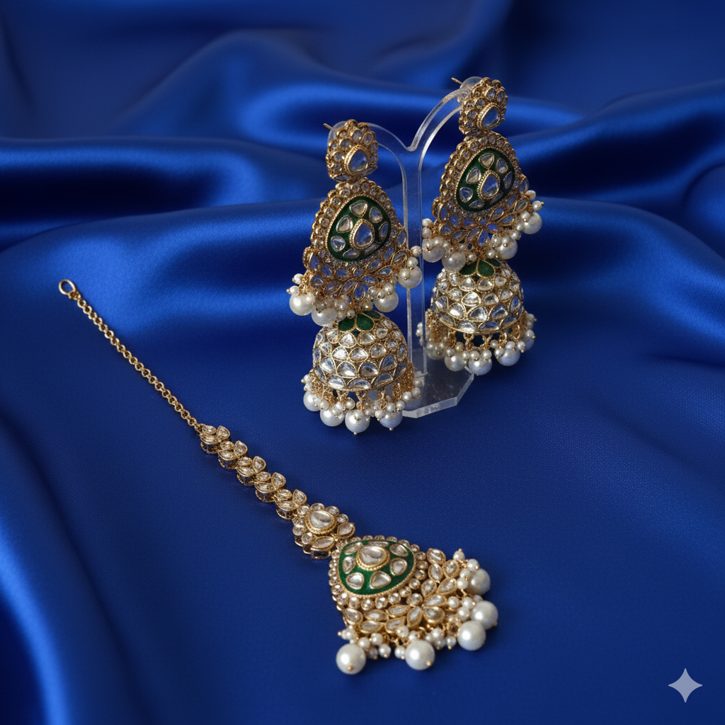 Luxury Kundan Polki Choker Set with Green Meenakari & Pearl Jhumka Earrings and Maang Tikka