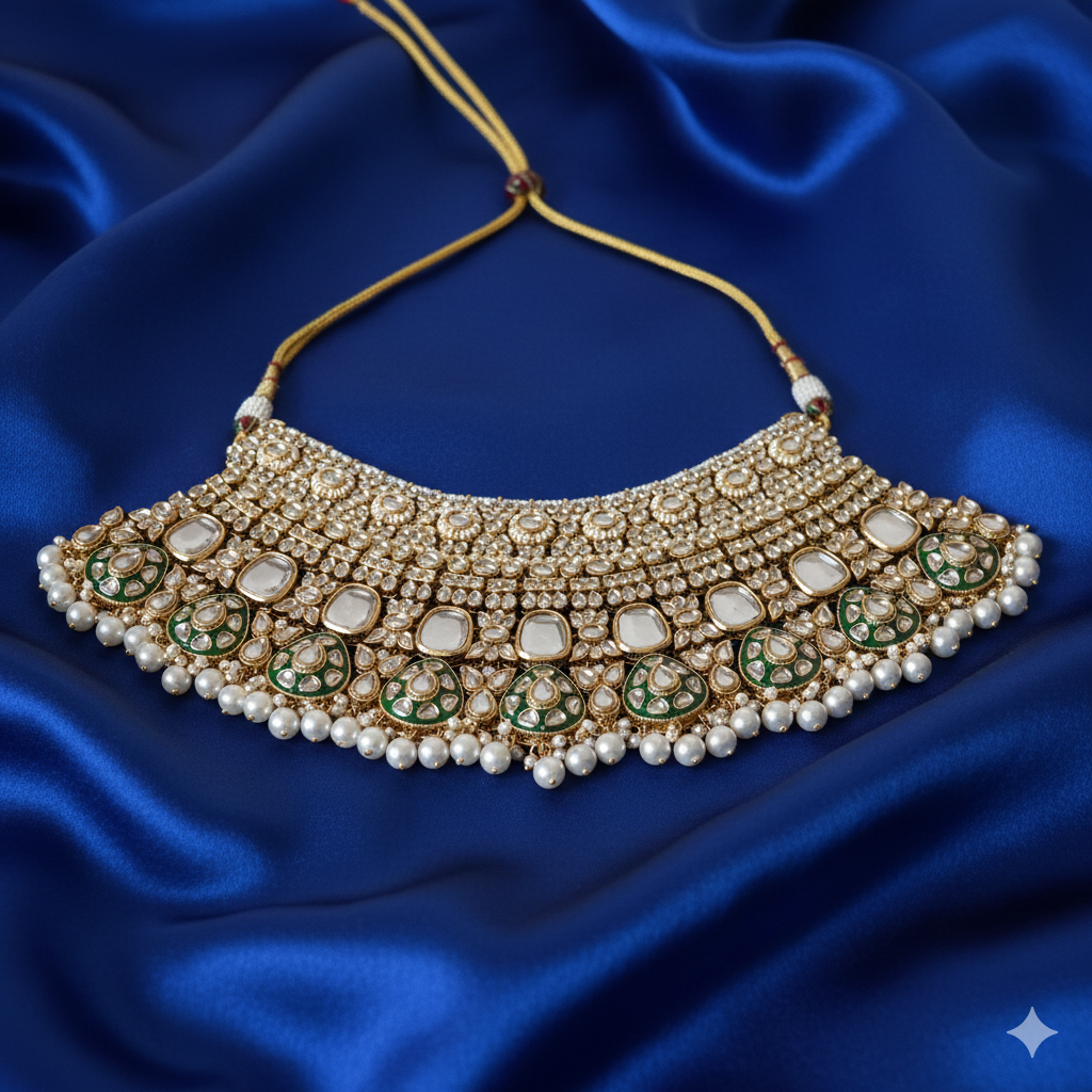 Luxury Kundan Polki Choker Set with Green Meenakari & Pearl Jhumka Earrings and Maang Tikka