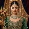 Luxury Kundan Polki Choker Set with Green Meenakari & Pearl Jhumka Earrings and Maang Tikka