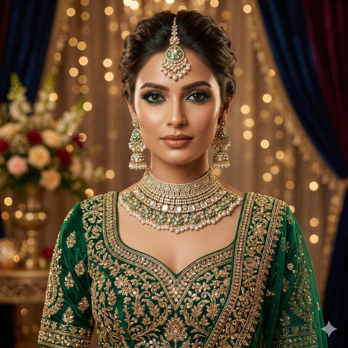 Luxury Kundan Polki Choker Set with Green Meenakari & Pearl Jhumka Earrings and Maang Tikka