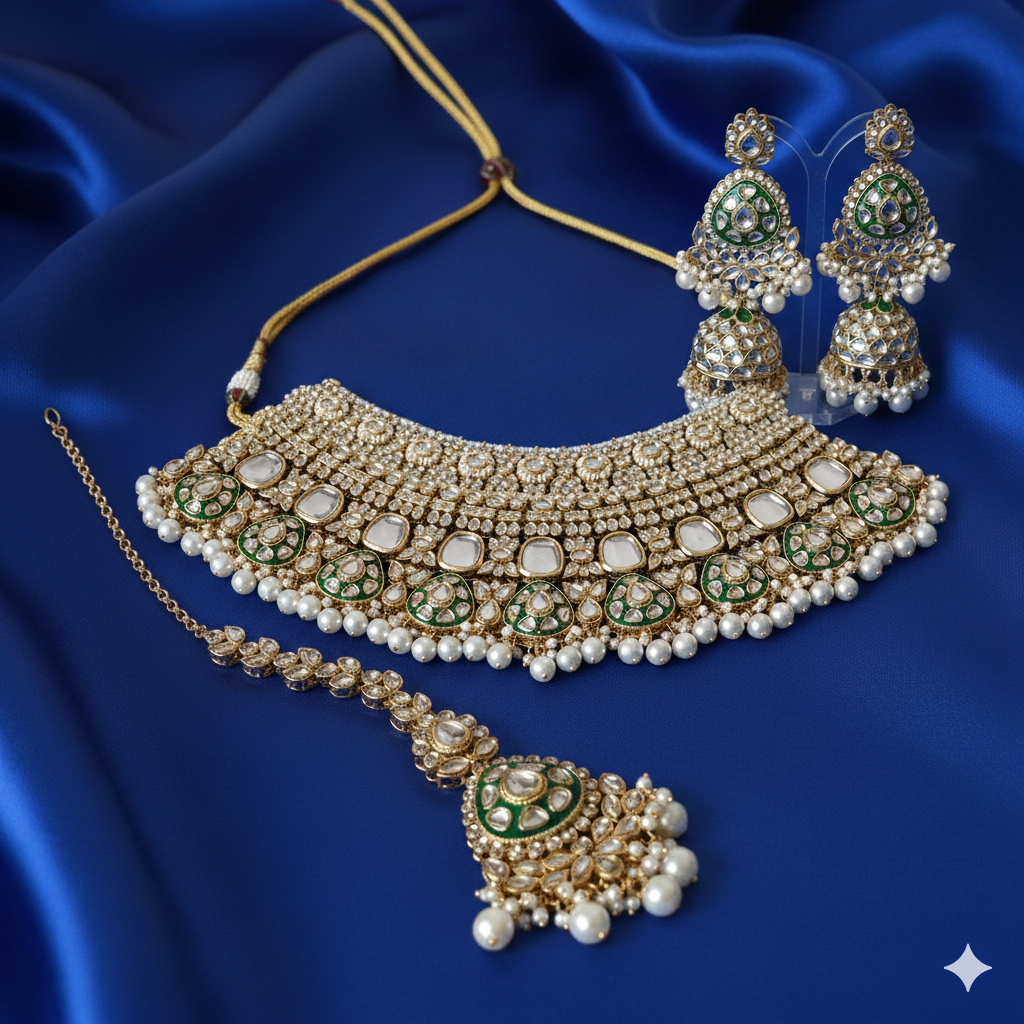 Luxury Kundan Polki Choker Set with Green Meenakari & Pearl Jhumka Earrings and Maang Tikka