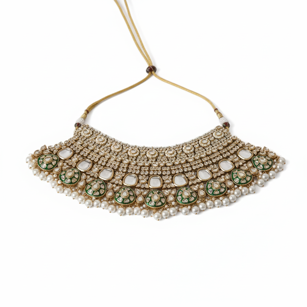 Luxury Kundan Polki Choker Set with Green Meenakari & Pearl Jhumka Earrings and Maang Tikka