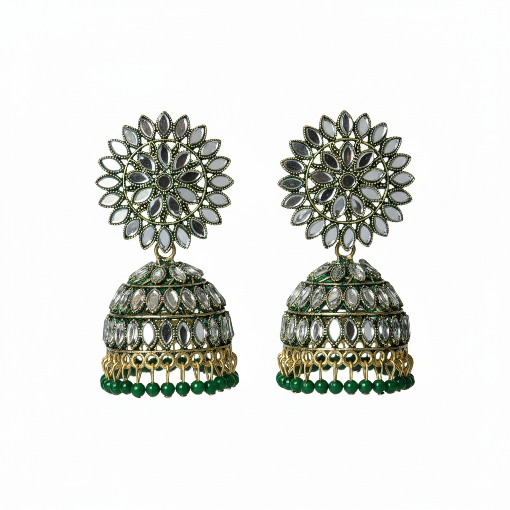 Emerald & Mirror-Work Sunflower Jhumka Earrings – Antique Gold