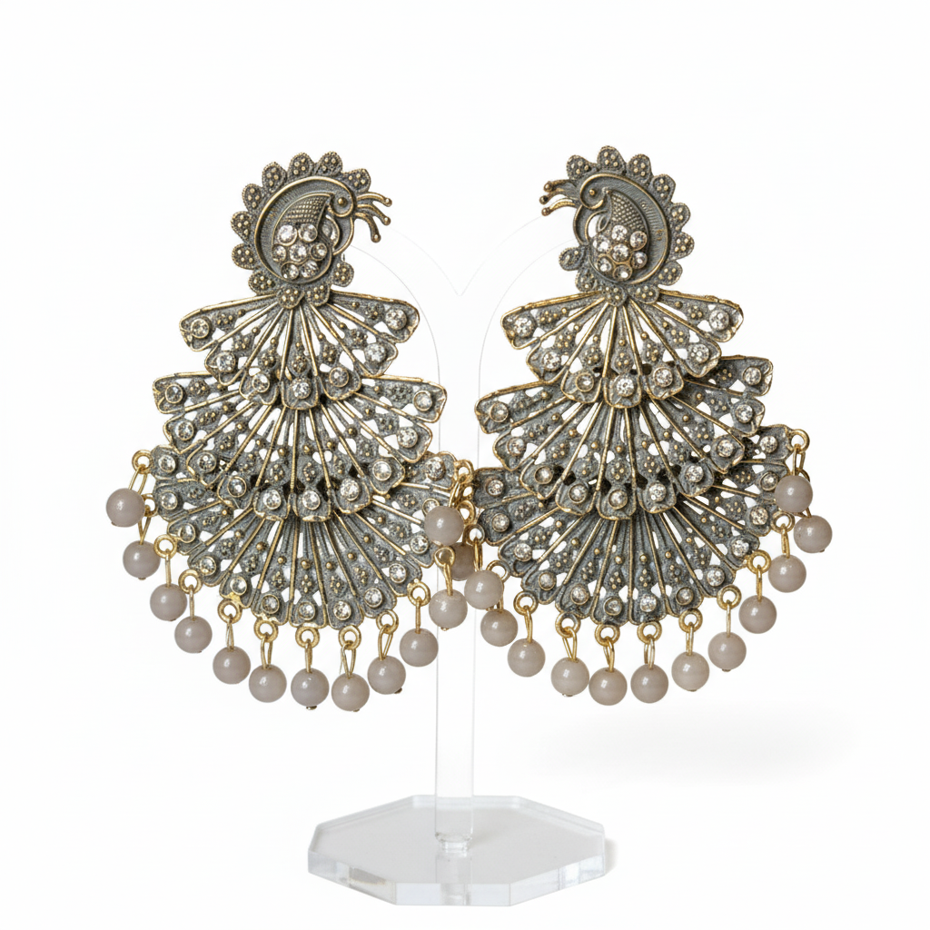 The "Chhaya" Artisan Oxidized Fan & Muted Grey Pearl Earrings